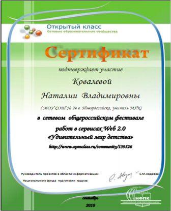 Сертификат участника фестиваля "Удивительный мир детства"